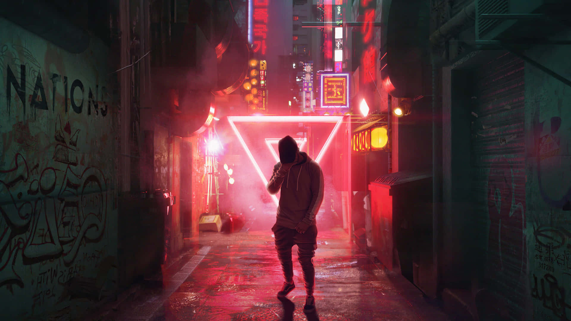 Background ng Alley na may Neon Red na Inverted Triangle Wallpaper