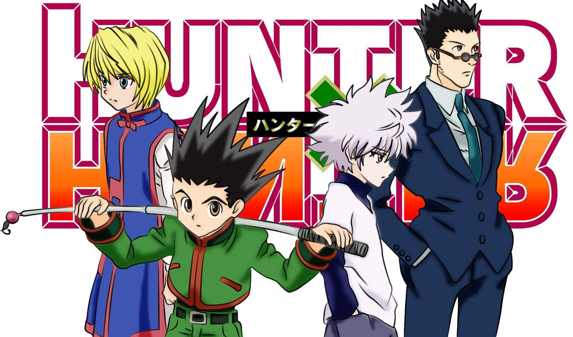Background ng Hunter X Hunter na may mga karakter na Kurapika, Leorio, Killua, at Gon Wallpaper