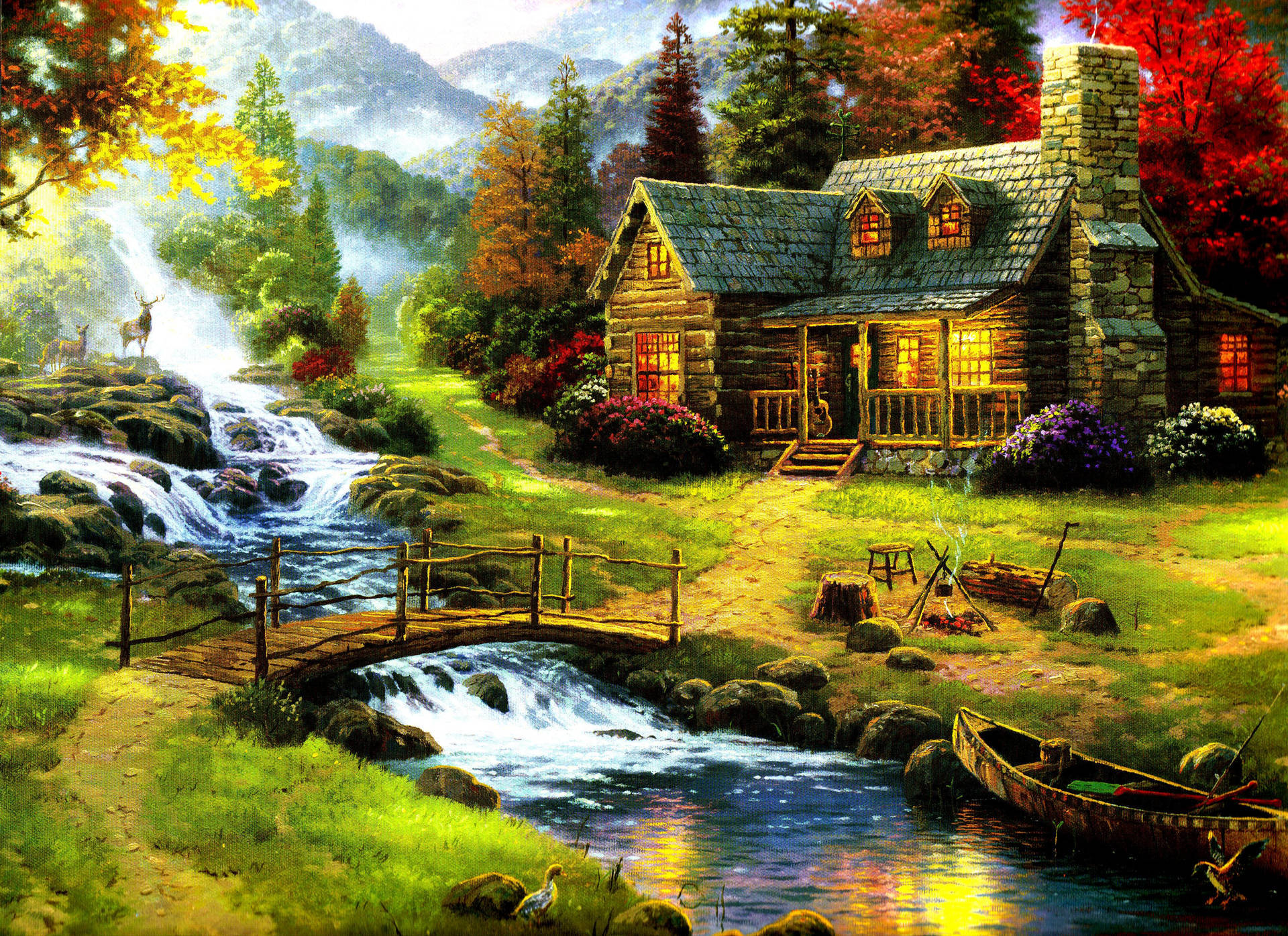 Bahay na may Tanawing Kagubatan na Pintura Wallpaper