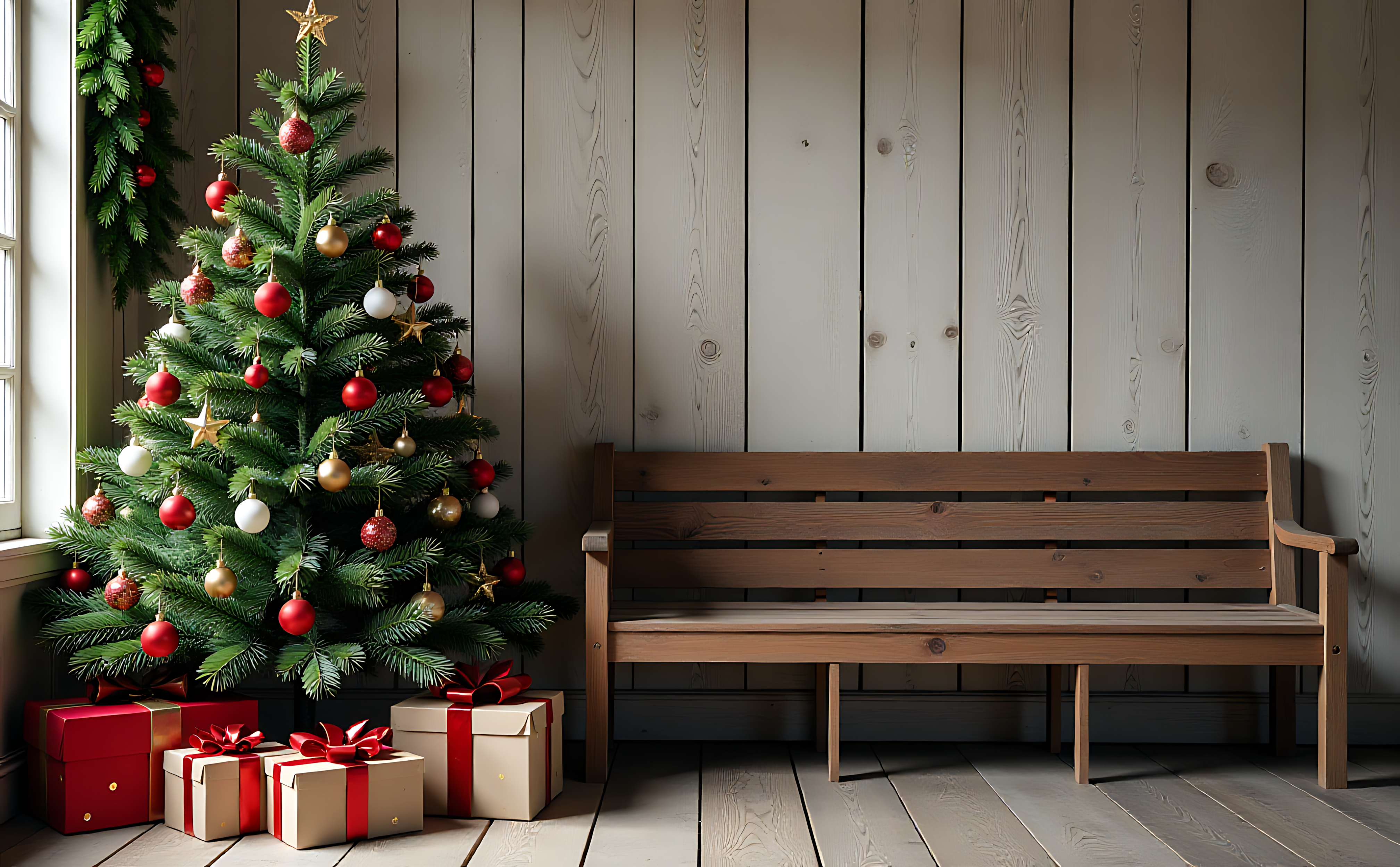 Bangkô sa ilalim ng Christmas tree na may mga regalo Wallpaper