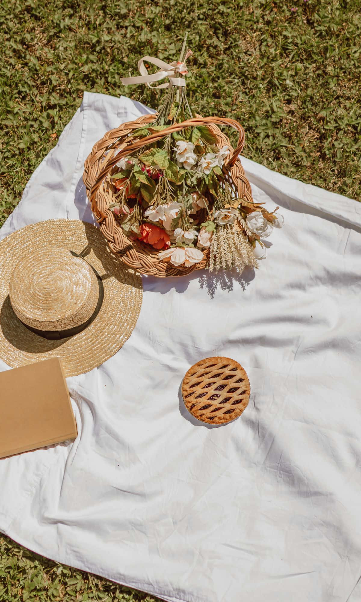 basket ng piknik na may sumbrero, basket, at libro Wallpaper