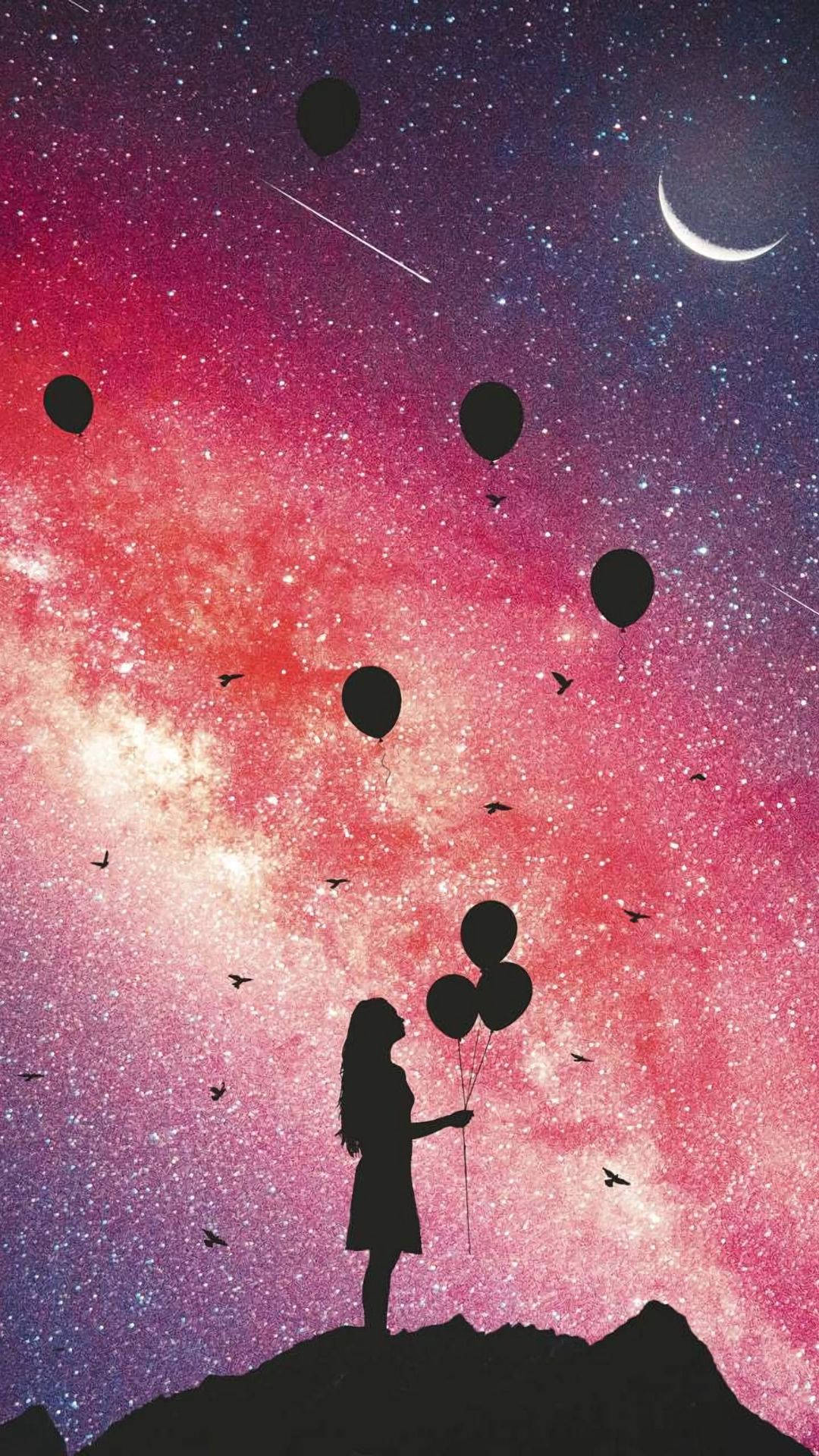 Batang Babae na Nakatitig sa mga Lobo sa Cute na Galaxy Wallpaper