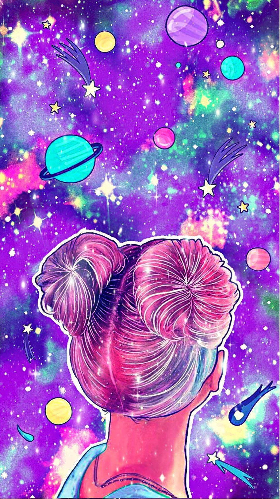Batang Babae na Nakatingin sa Nakatutuwang Galaxy Wallpaper