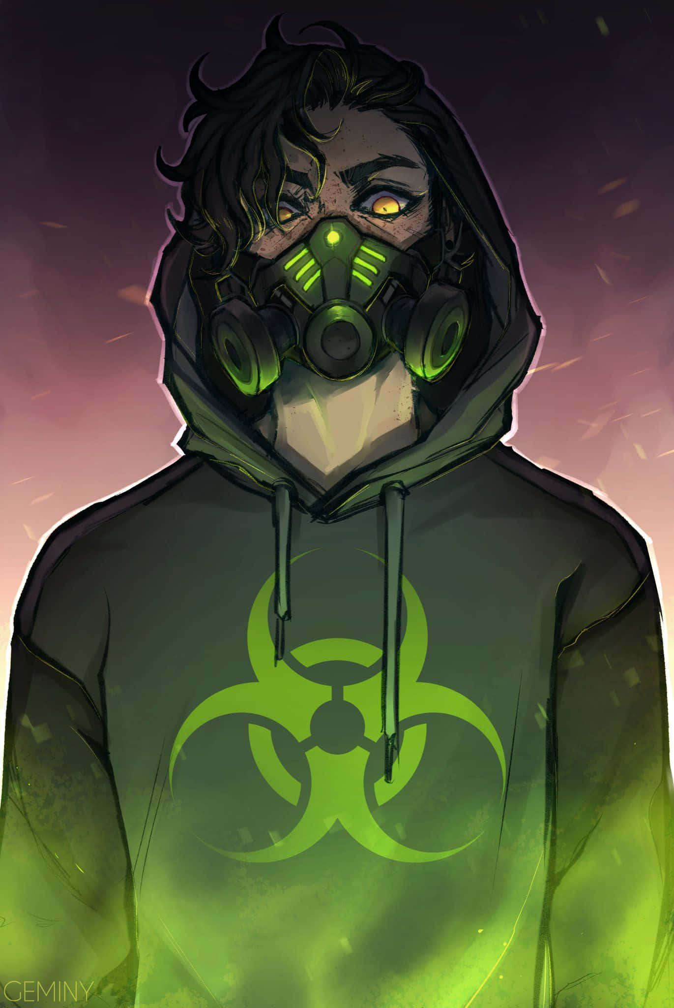 Batang may Gas Mask na Neon Green Wallpaper
