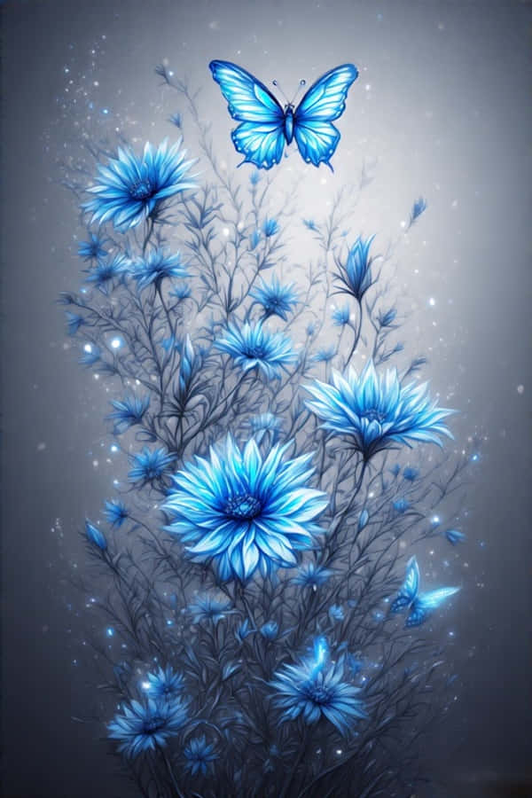 Blue Flowers and Glowing Butterflies Wallpaper