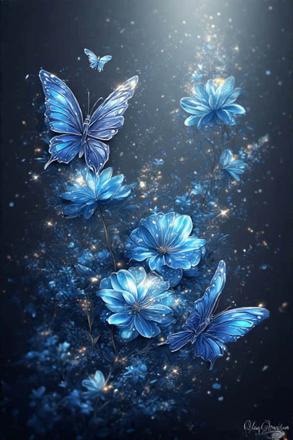 Blue Flowers and Glowing Butterflies Wallpaper