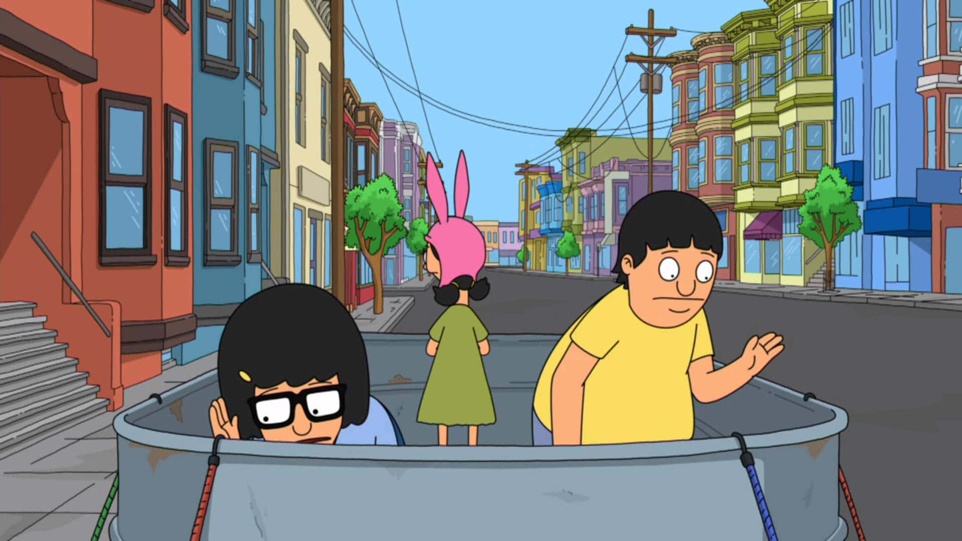 "Bob's Burgers Series Artwork: Si Bob at ang Kanyang Pamilya na Nakatayo sa Kanilang Burger Shop" Wallpaper