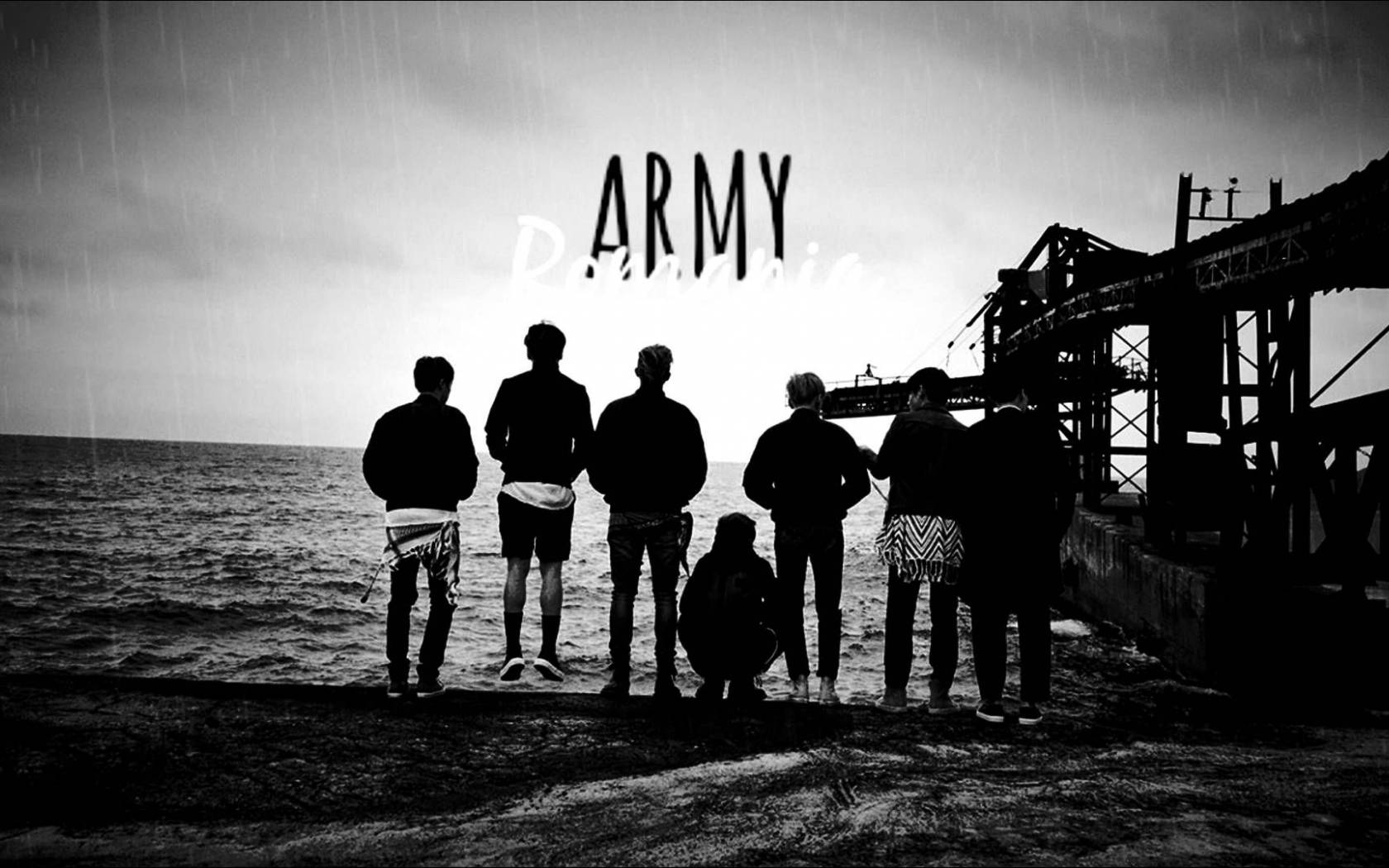 BTS Nakatayo Sa Tabing Dagat Itim At Puti Laptop Wallpaper