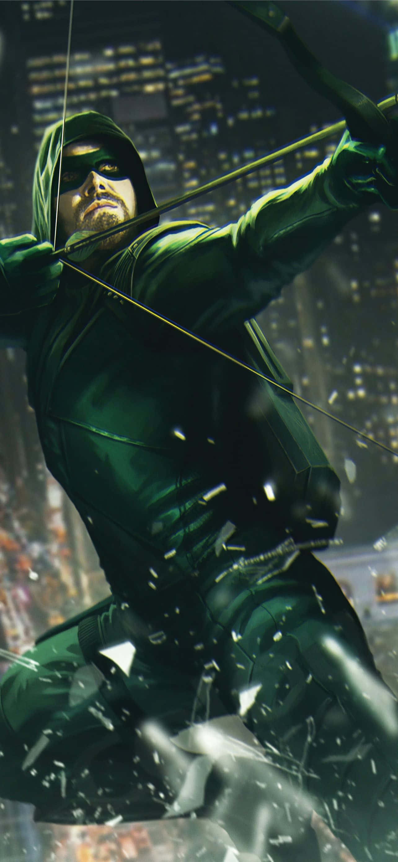 Caption: Intensong Aksyon ng Green Arrow sa iPhone Wallpaper