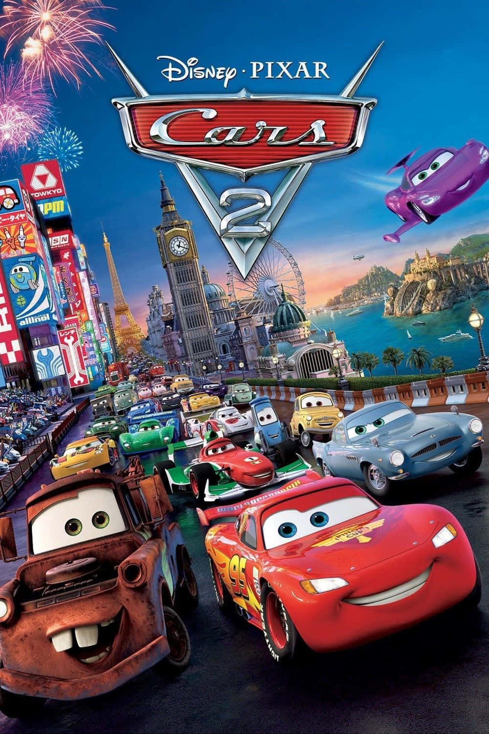 cars 2 movie poster na may mga sasakyan at paputok Wallpaper
