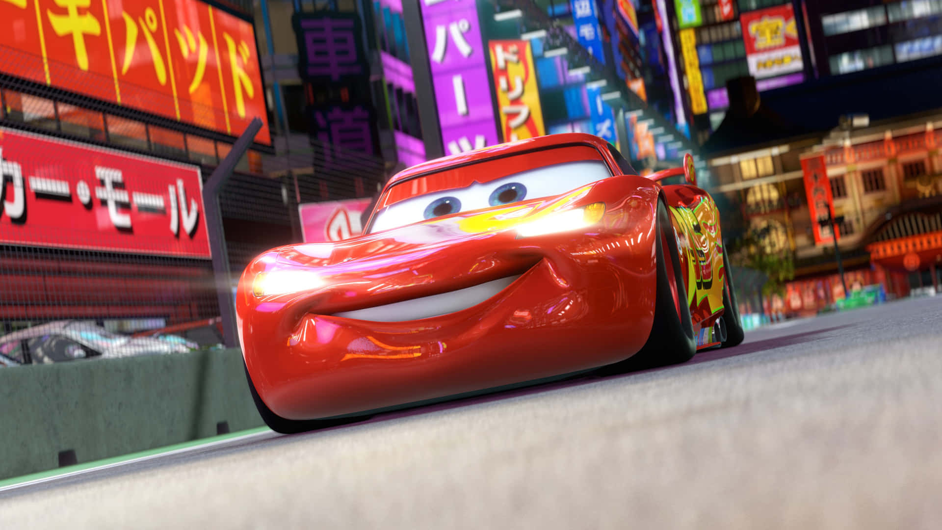 cars 3 - isang pulang sasakyan na nagmamaneho sa isang lansangan ng lungsod Wallpaper