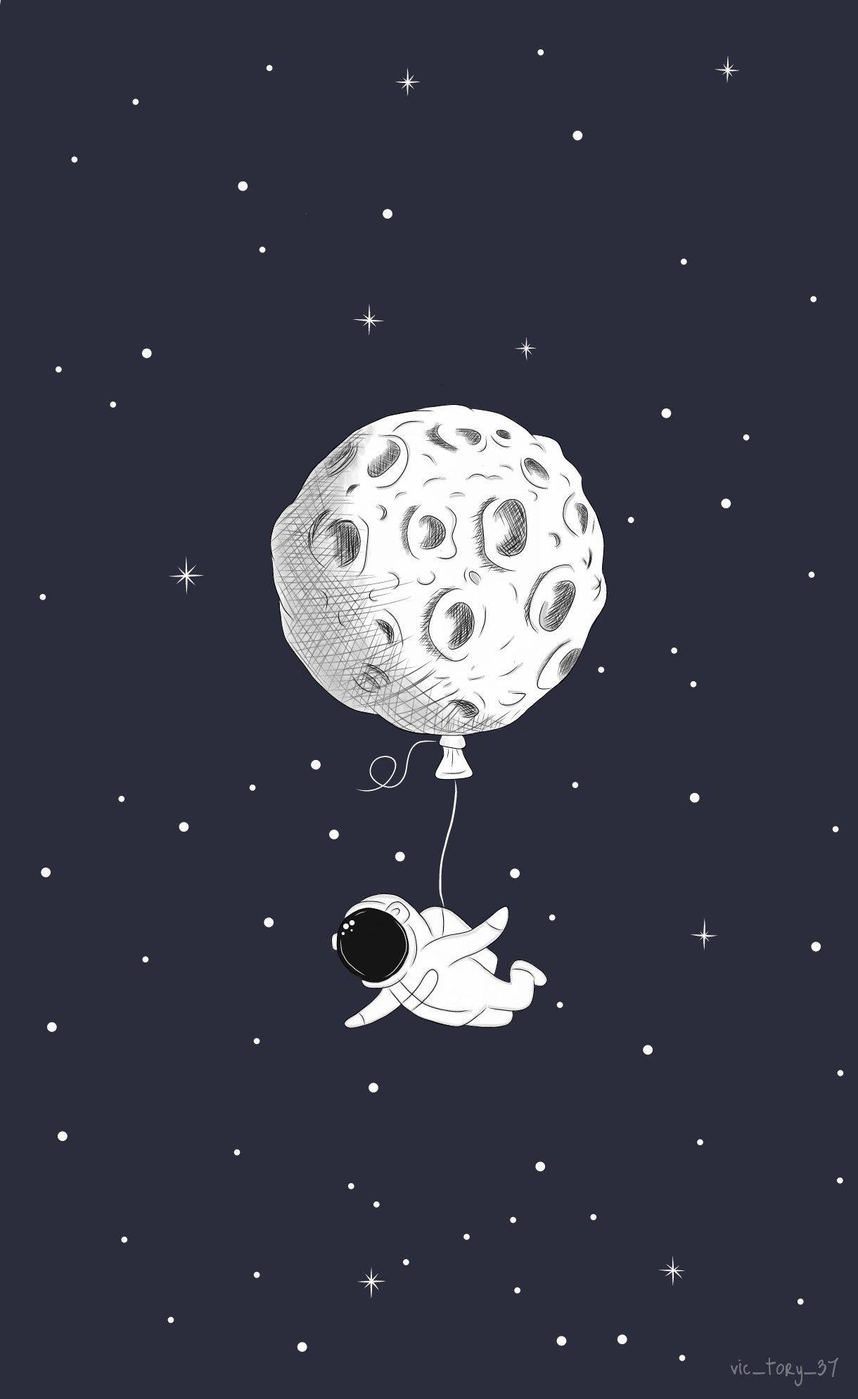 Cartoon Astronaut At Isang Moon Balloon Wallpaper