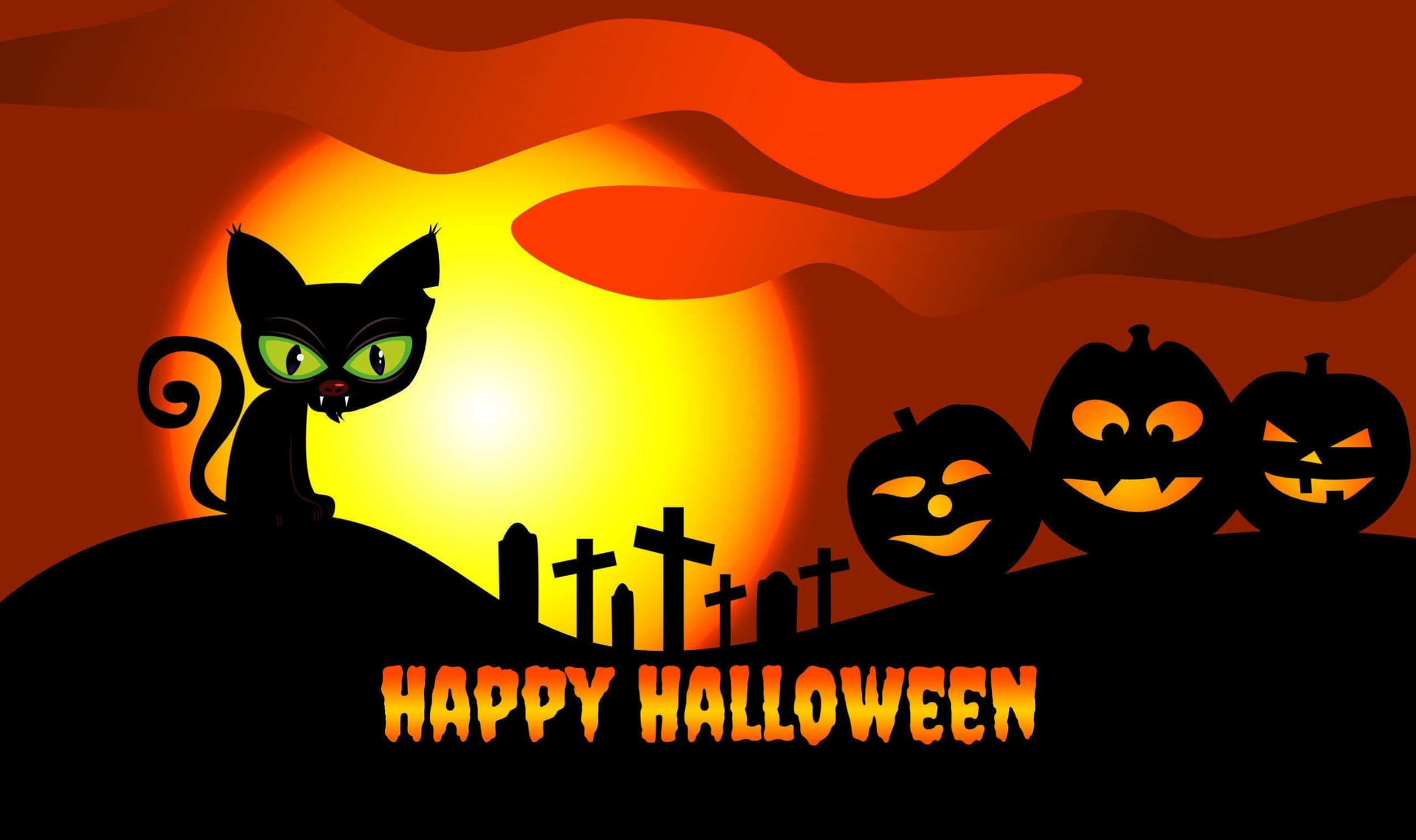 Cartoon Cat ng Halloween na may mga Kalabasa sa Sementeryo Wallpaper