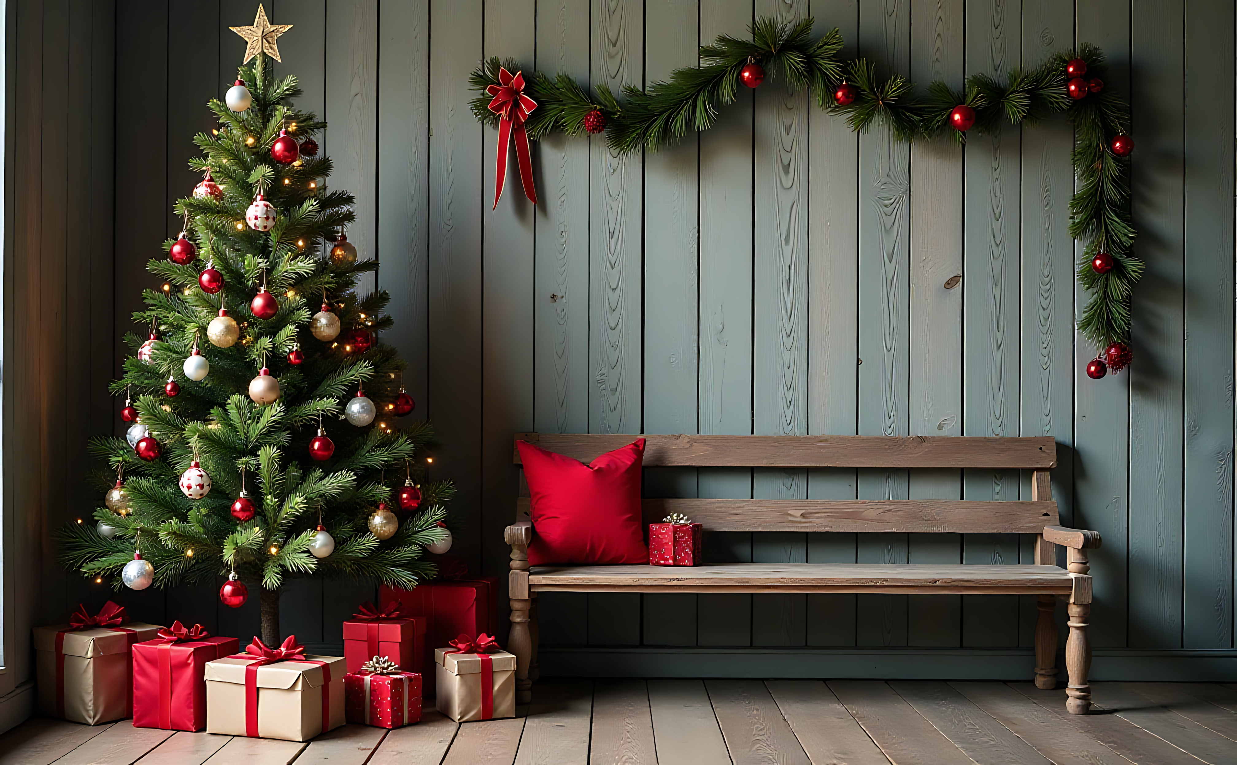 Christmas tree na may mga regalo at kahoy na pader Wallpaper
