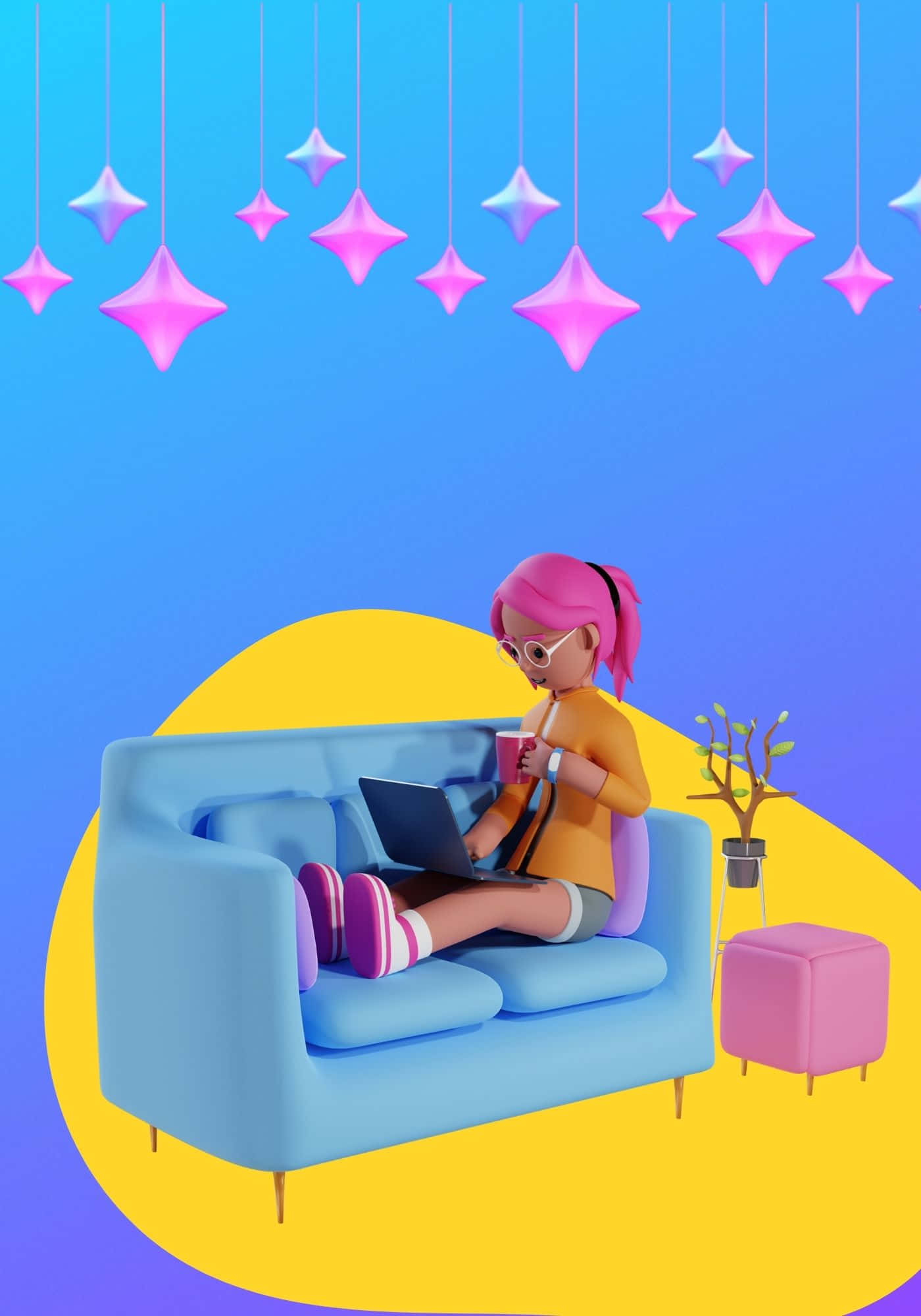 Cool na Babaeng 3D sa Asul na Sofa Background Wallpaper
