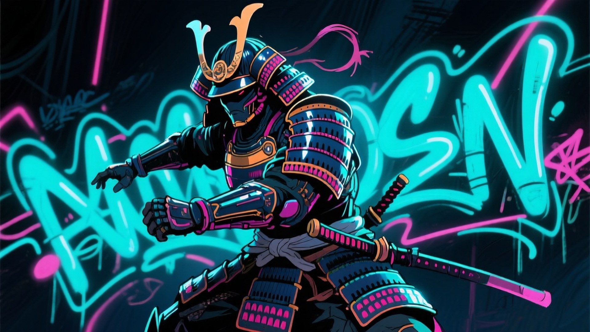 Cool na Guhit ng Neon Samurai Wallpaper