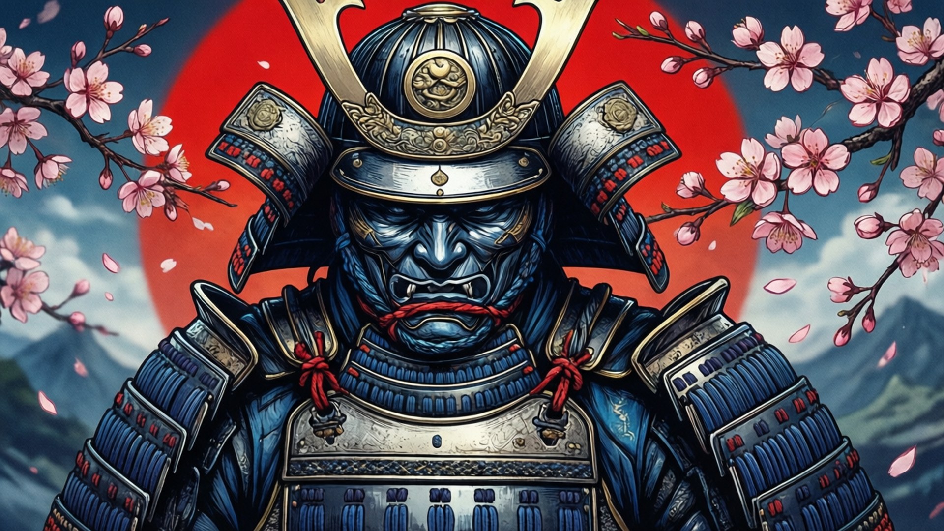 Cool na Guhit ng Samurai na may Cherry Blossom Wallpaper