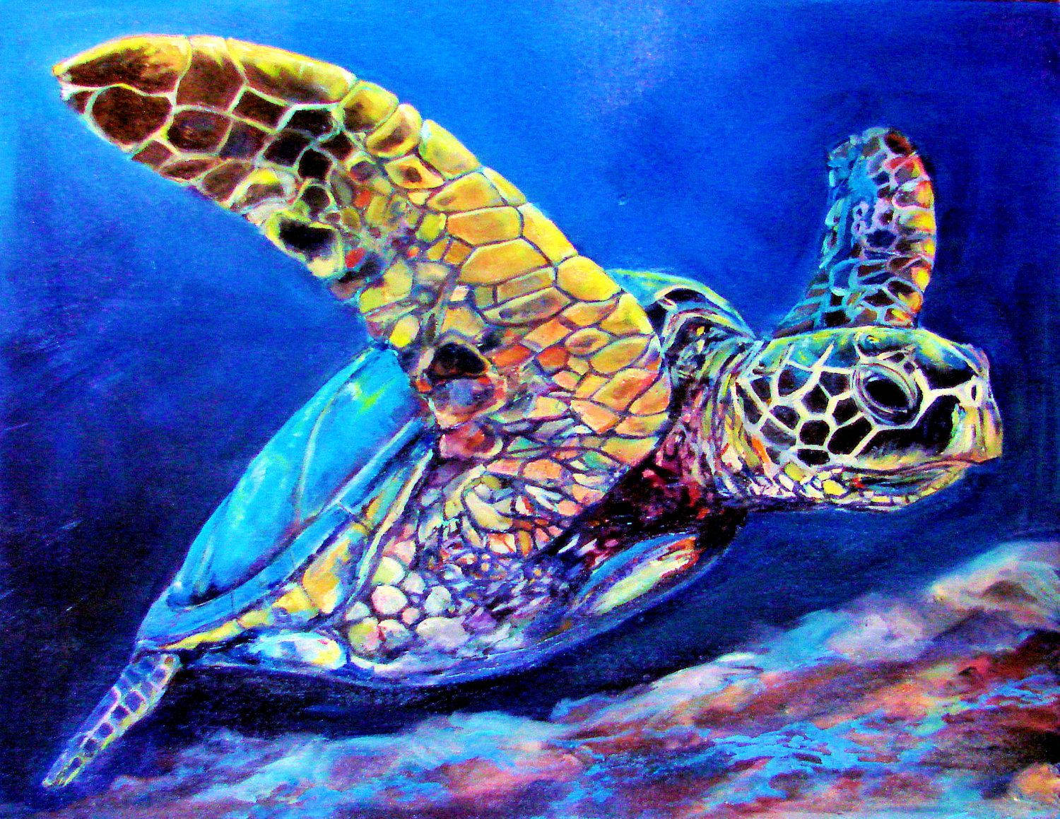 Cool na Pagong sa Ilalim ng Tubig na Pintura Wallpaper
