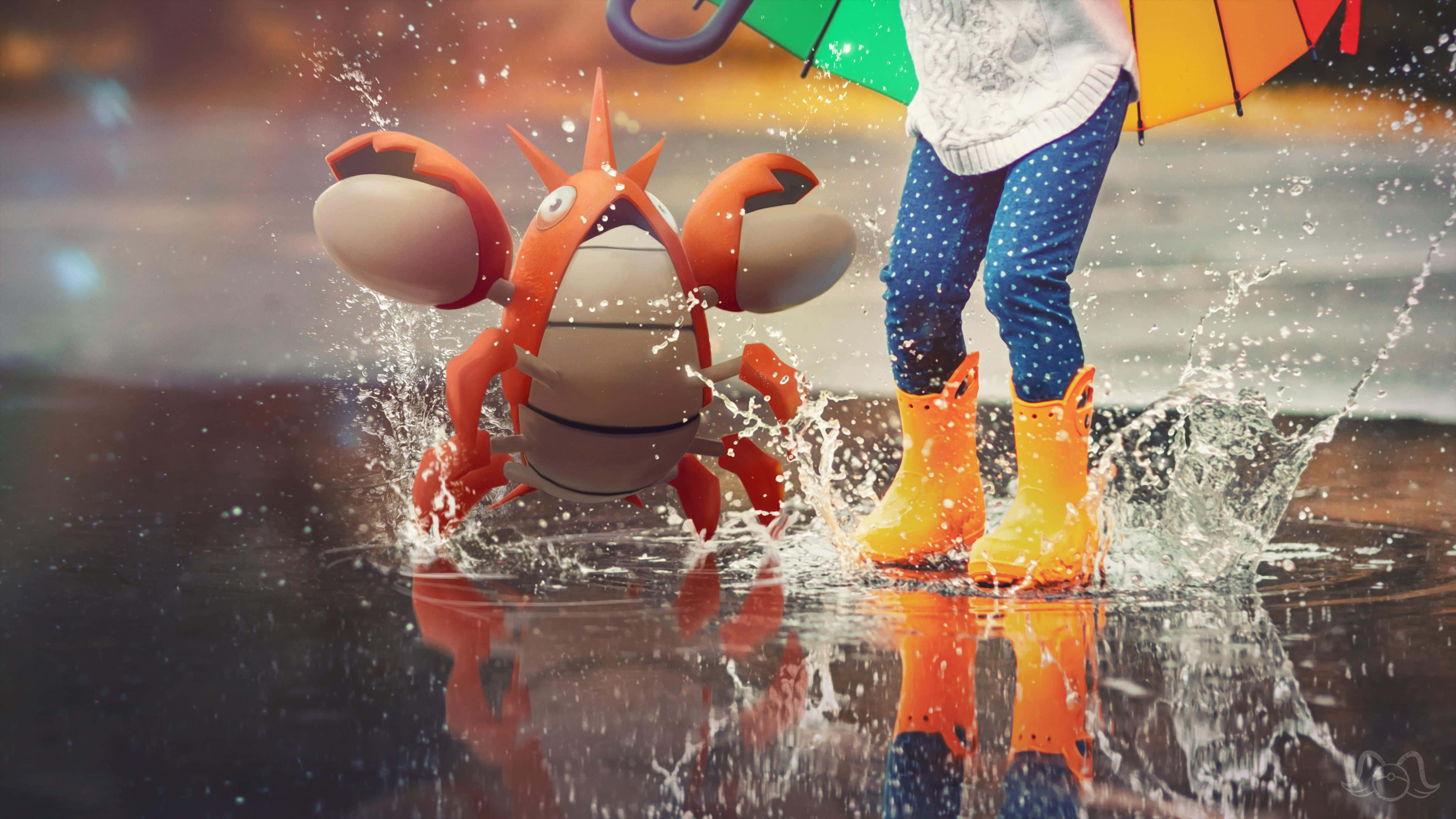 Corphish na Nagwiwisik sa mga Puddle Kasama ang Bata Wallpaper