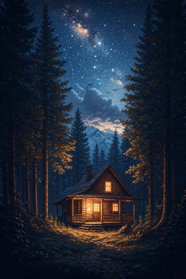 Maaliwalang Gabi na Kubo sa Gubat na Bituin Kalikasan 4K Wallpaper
