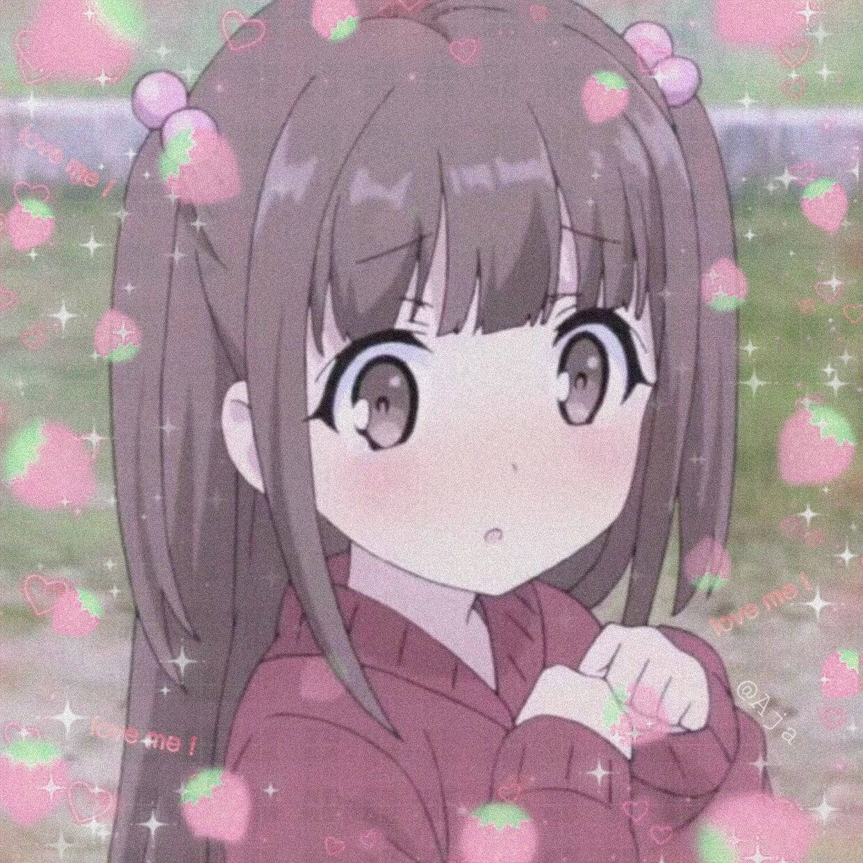 Cute Anime Girl PFP na Onnanoko na may Strawberries at Hearts Wallpaper