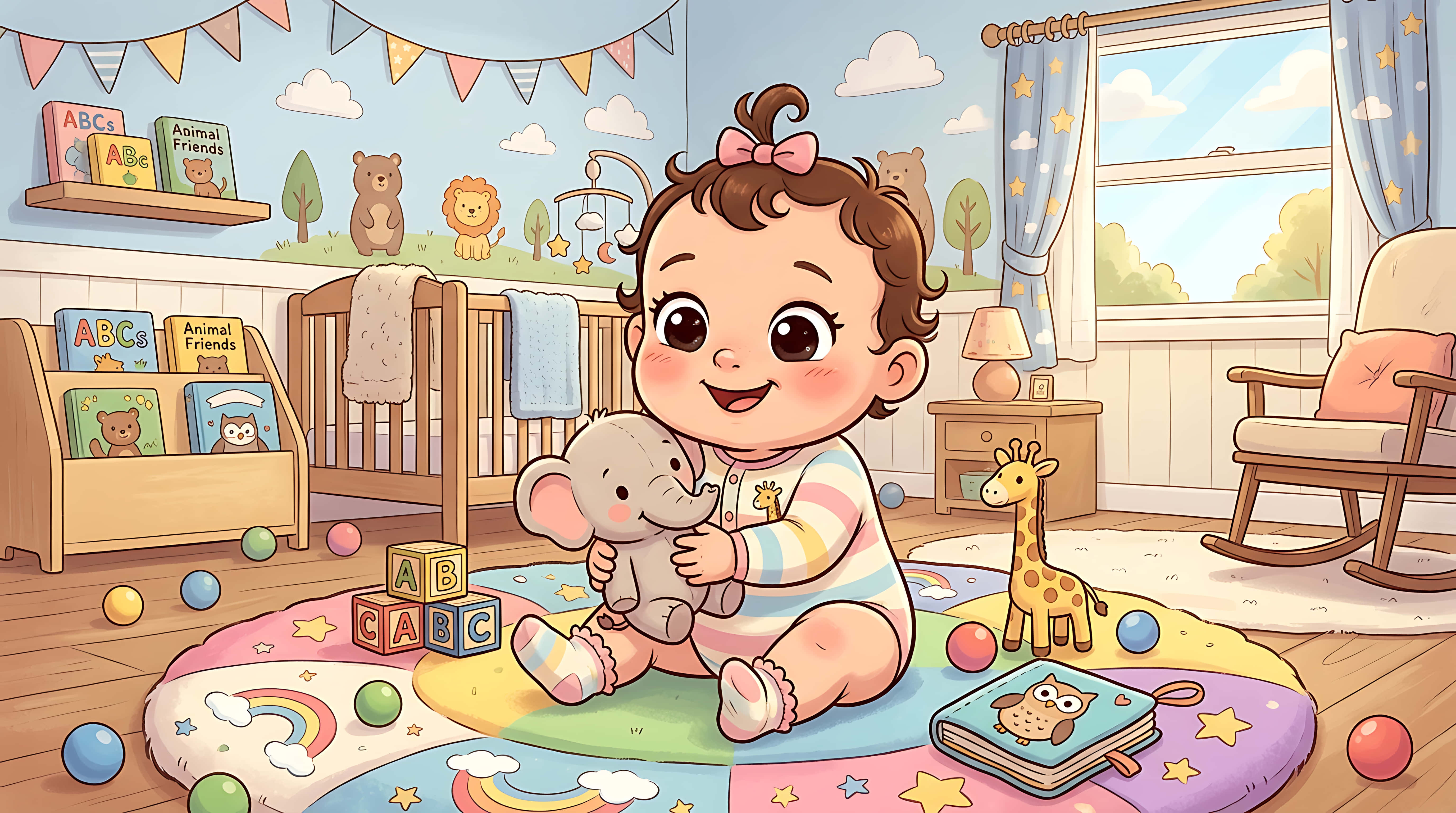Cute Baby Girl na Nakaupo sa Pastel Nursery kasama ang Stuffed Elephant at Mga Laruan, 2D Cartoon Illustration Wallpaper