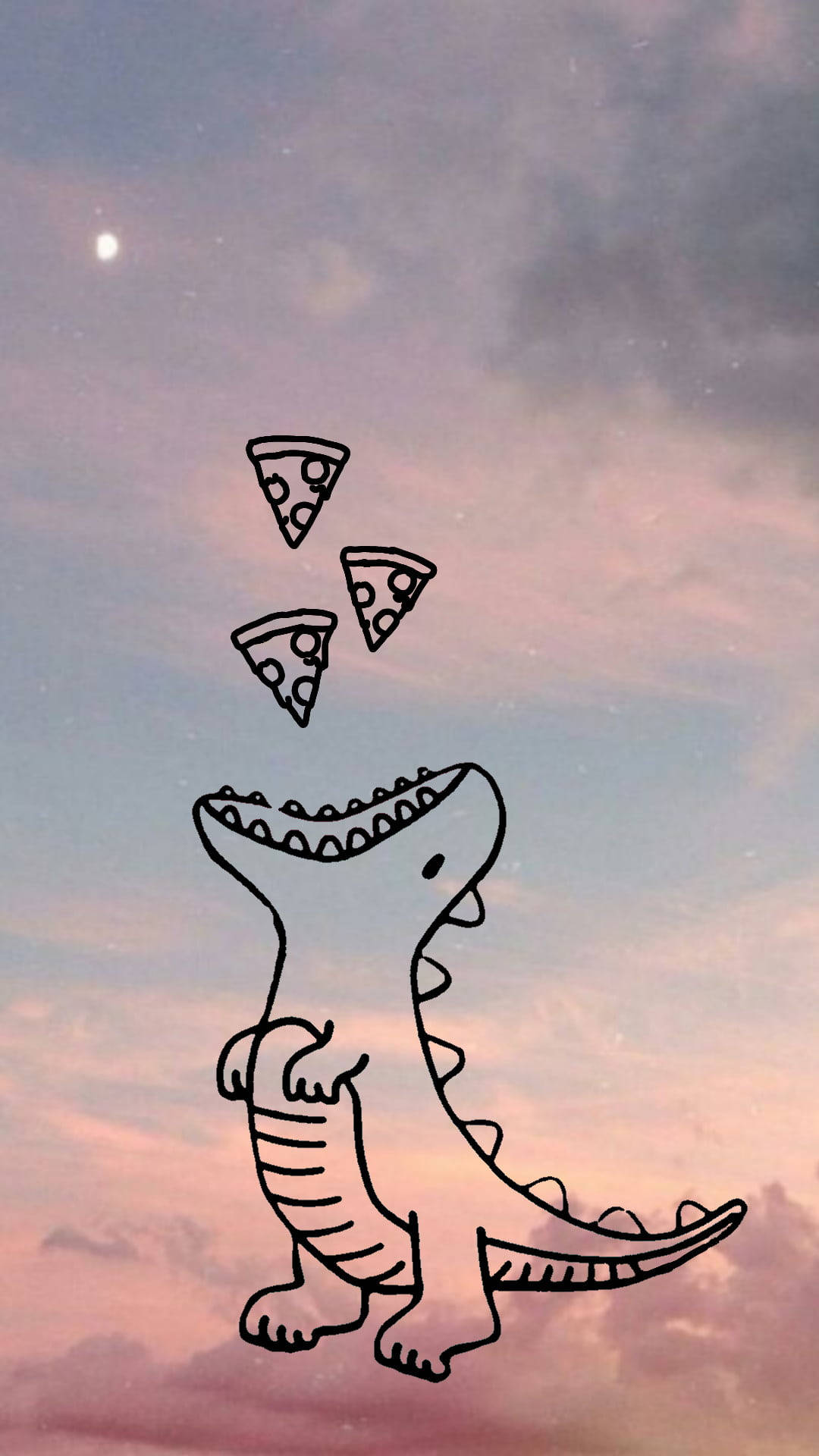 Cute Dinosaur na Kumakain ng Pizza sa Kalangitan Wallpaper