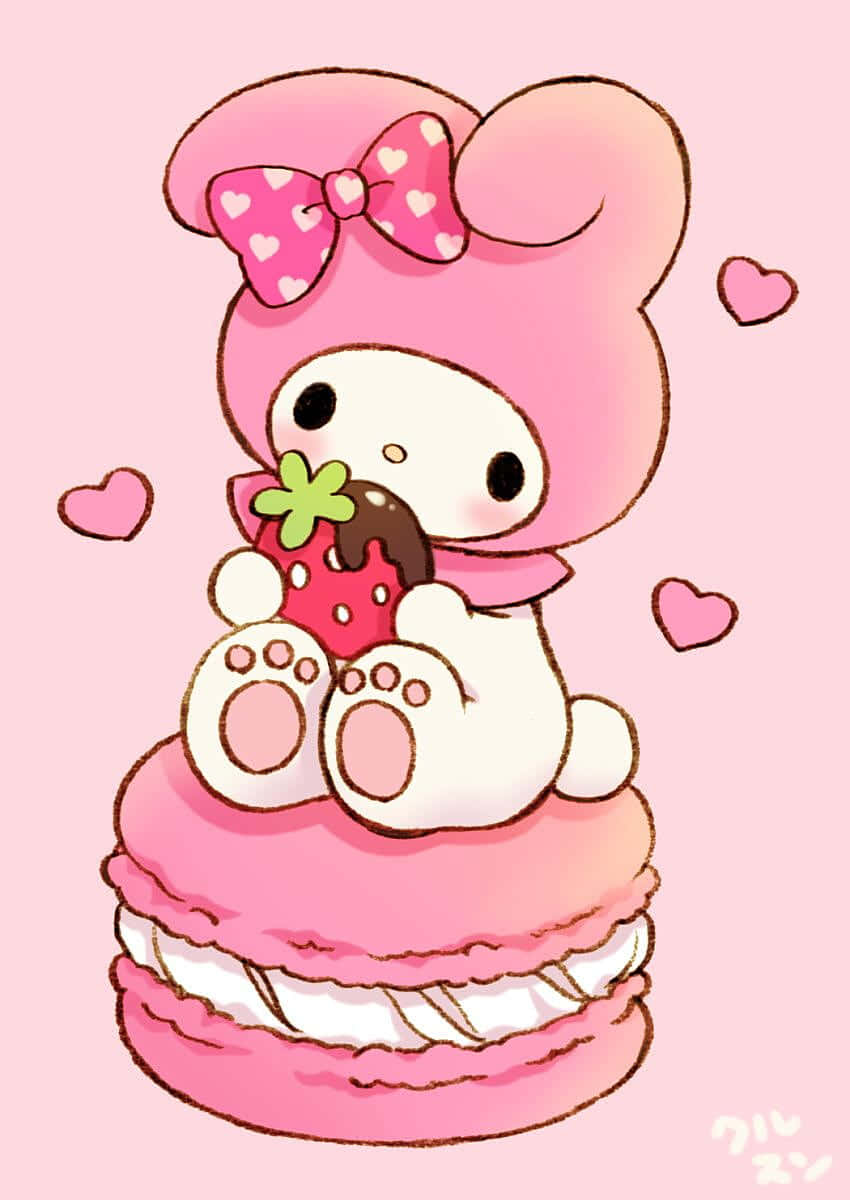 Cute My Melody Kumakain ng Strawberry sa Macaron Wallpaper