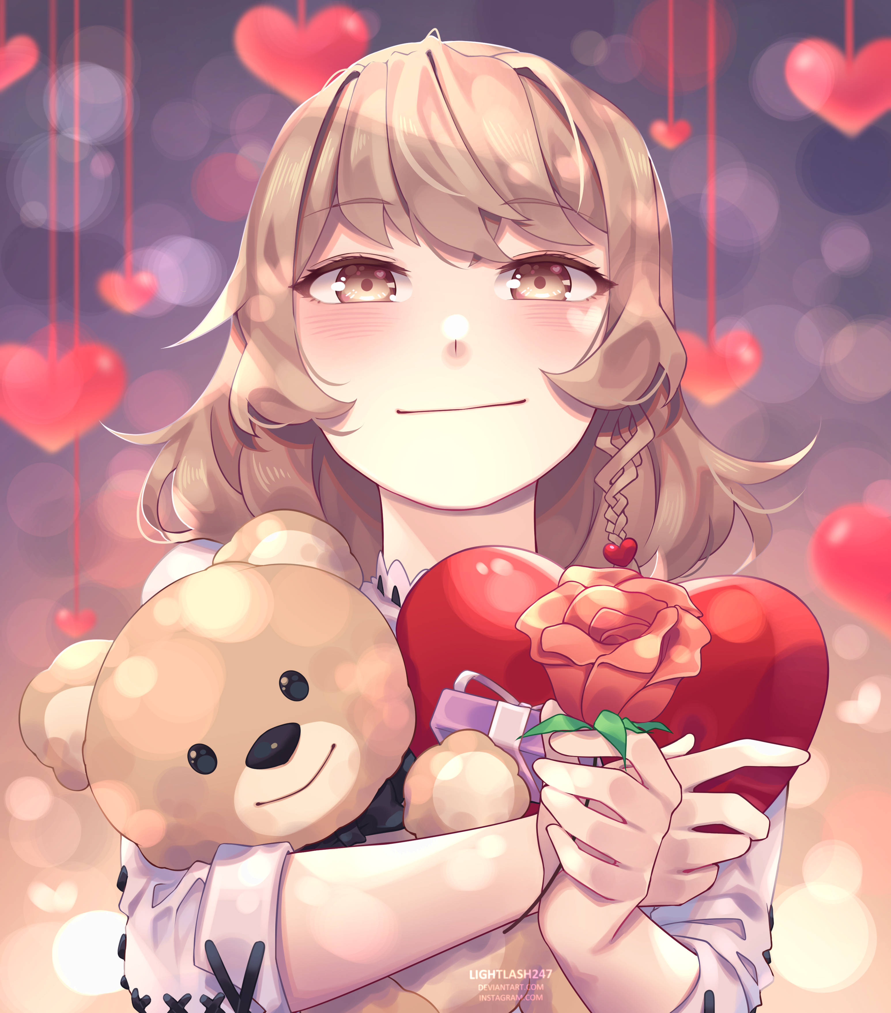 Cute na Anime na Babae na Humahawak ng Puso at Oso Wallpaper
