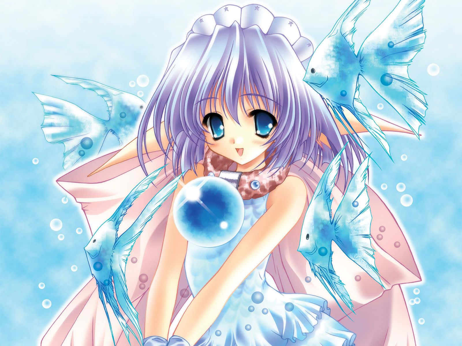 Cute na Anime na may Asul na Isda Wallpaper