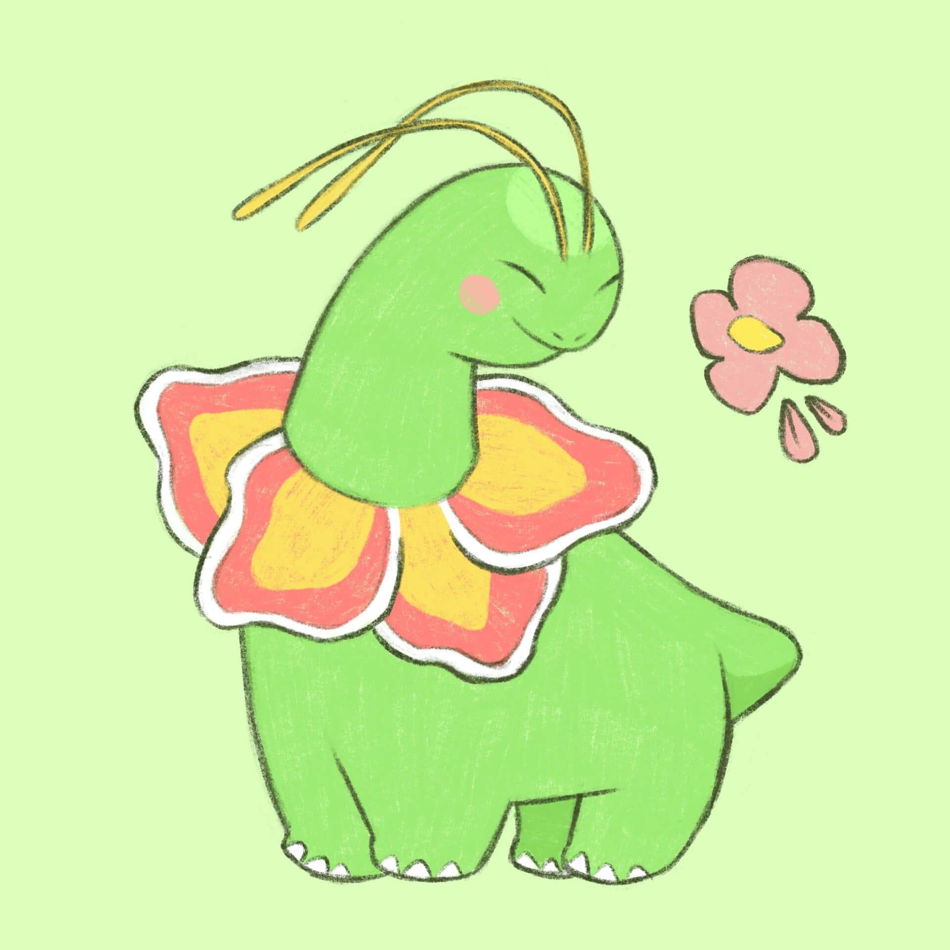 Cute na Ilustrasyon ni Meganium na May Berdeng Background Wallpaper