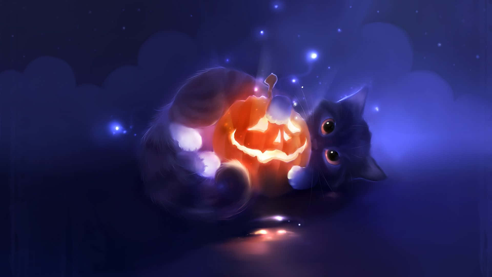 Cute na Itim na Pusa na Nakayakap sa Kalabasa para sa Halloween Wallpaper