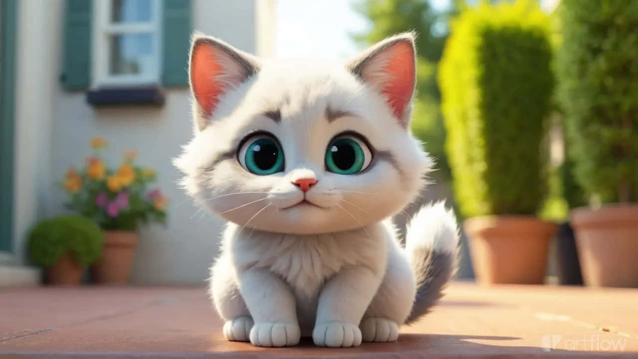 Cute na Malaking-Mata na Kuting na Nakaupo sa Labas – Kaibig-ibig na 3D Style na Pusa Wallpaper