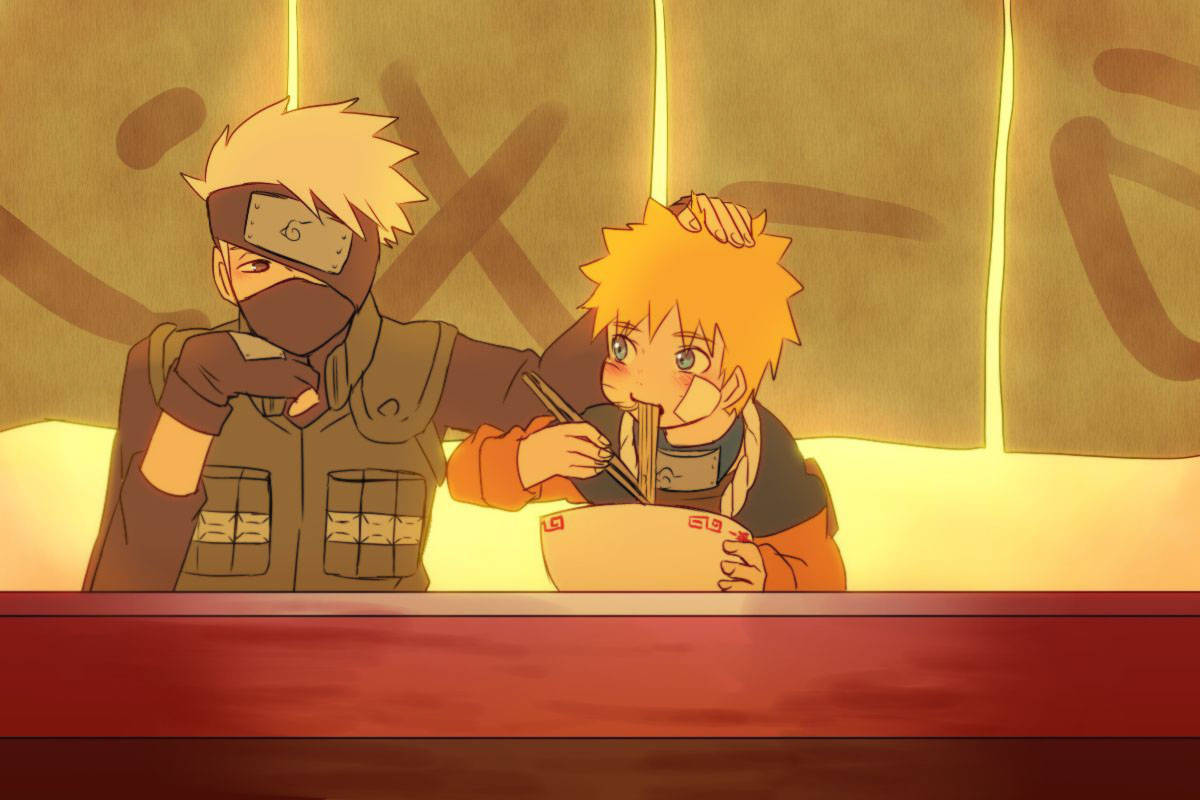 Cute na Naruto at Kakashi sa Ramen Shop Wallpaper