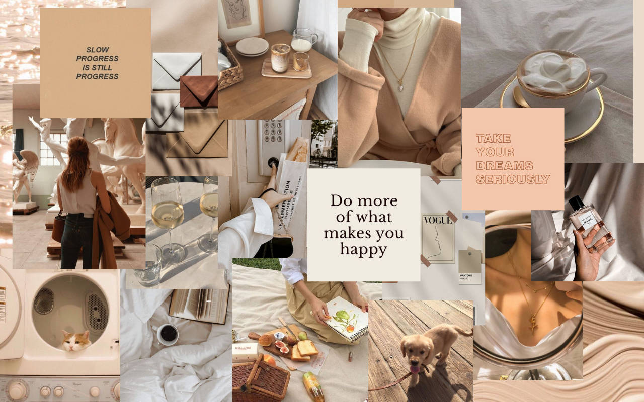 Cute na Pippies at Pusa Collage Beige Aesthetic Desktop Wallpaper