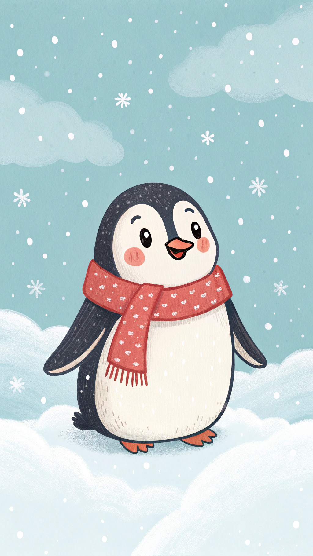 Cute Penguin na may Pulang Scarf sa Niyebe Wallpaper