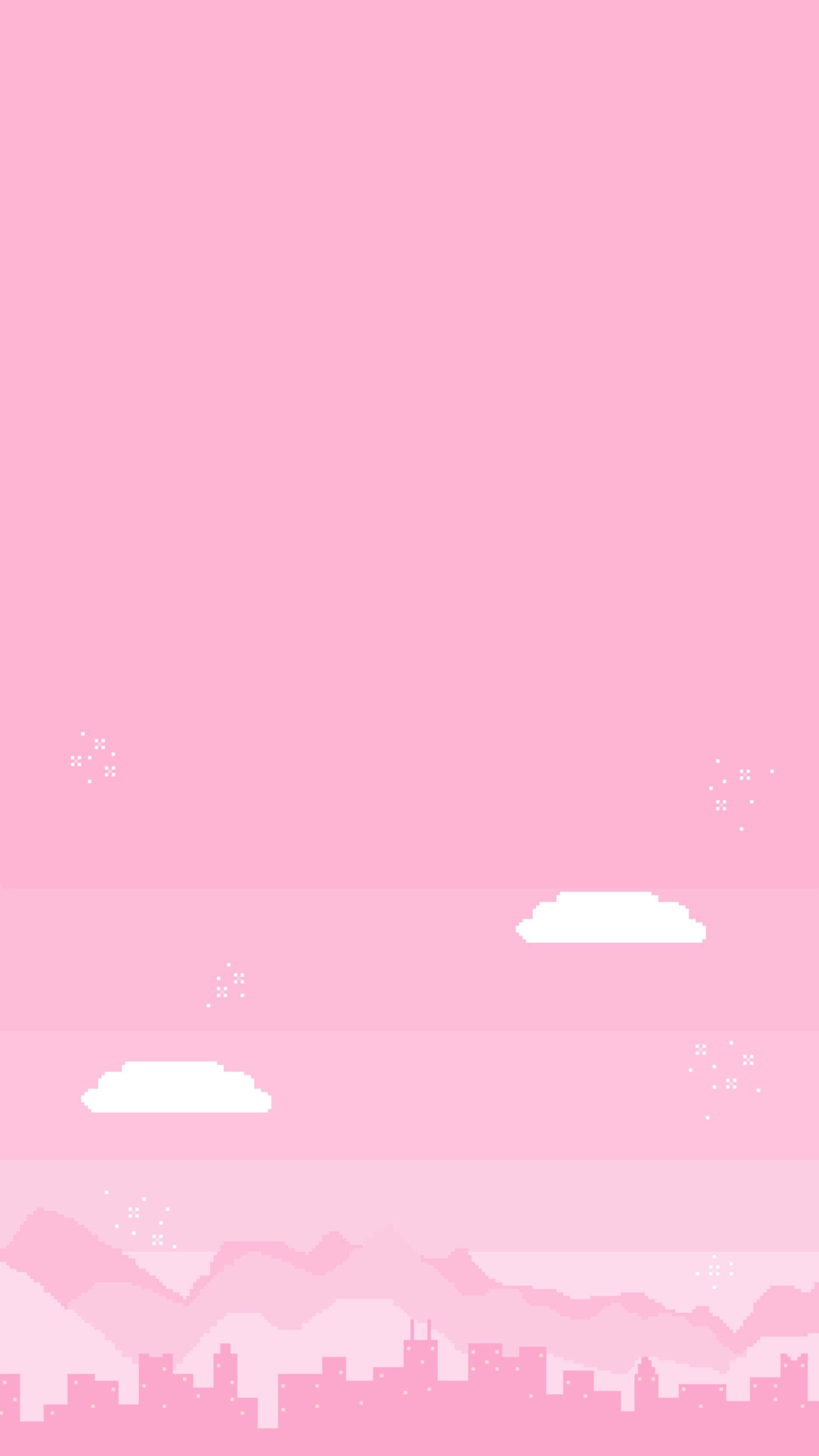 Cute Pink Aesthetic na Mga Bundok at Silweta ng Gusali Wallpaper
