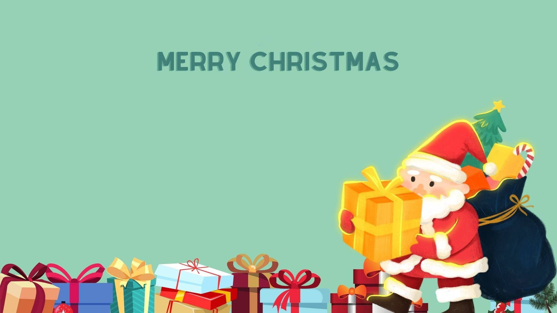 Cute Santa Claus na May Mga Regalo ng Pasko Wallpaper
