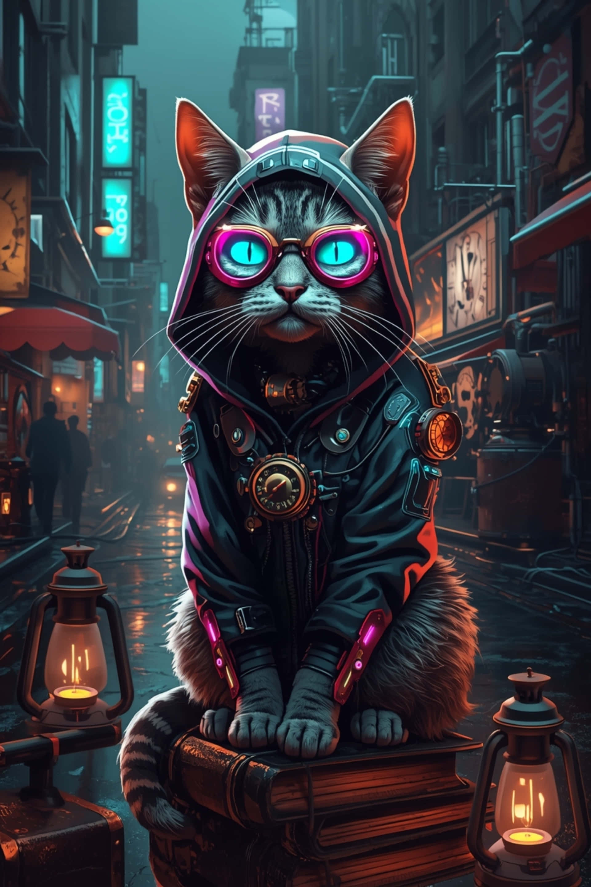 Cyberpunk Steampunk na Pusa na May Neon Goggles at Hoodie Tech Wallpaper