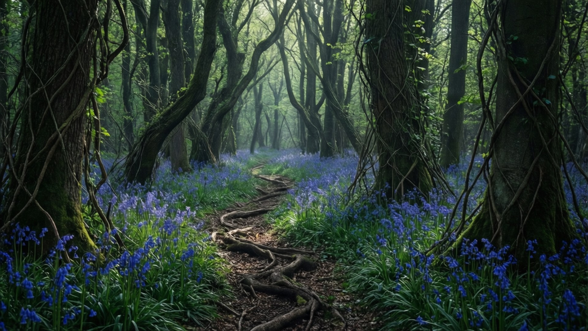 Daan ng Bluebell sa Madilim na Kagubatan Wallpaper