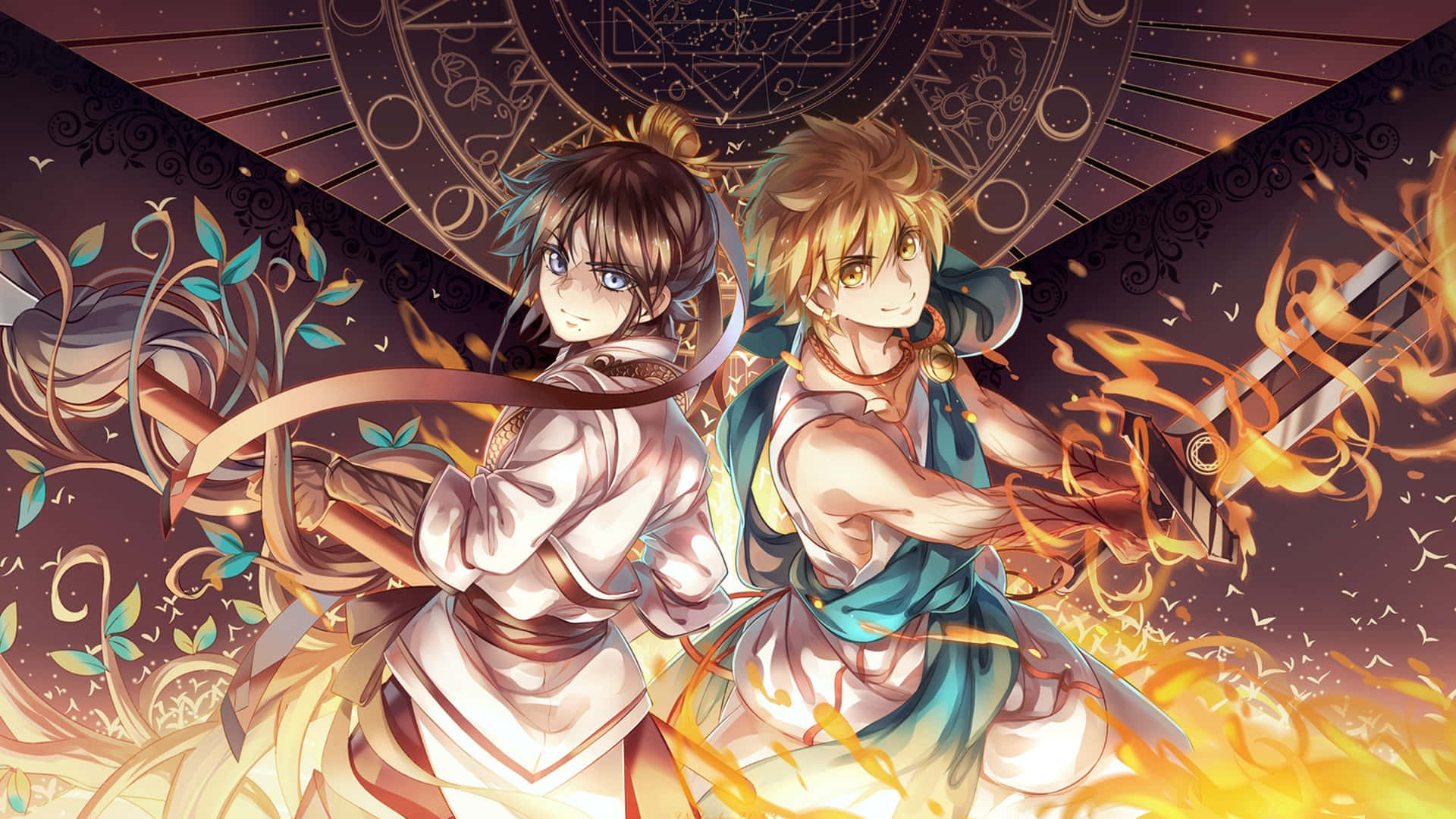 dalawang anime character na nakatayo sa harap ng apoy Wallpaper