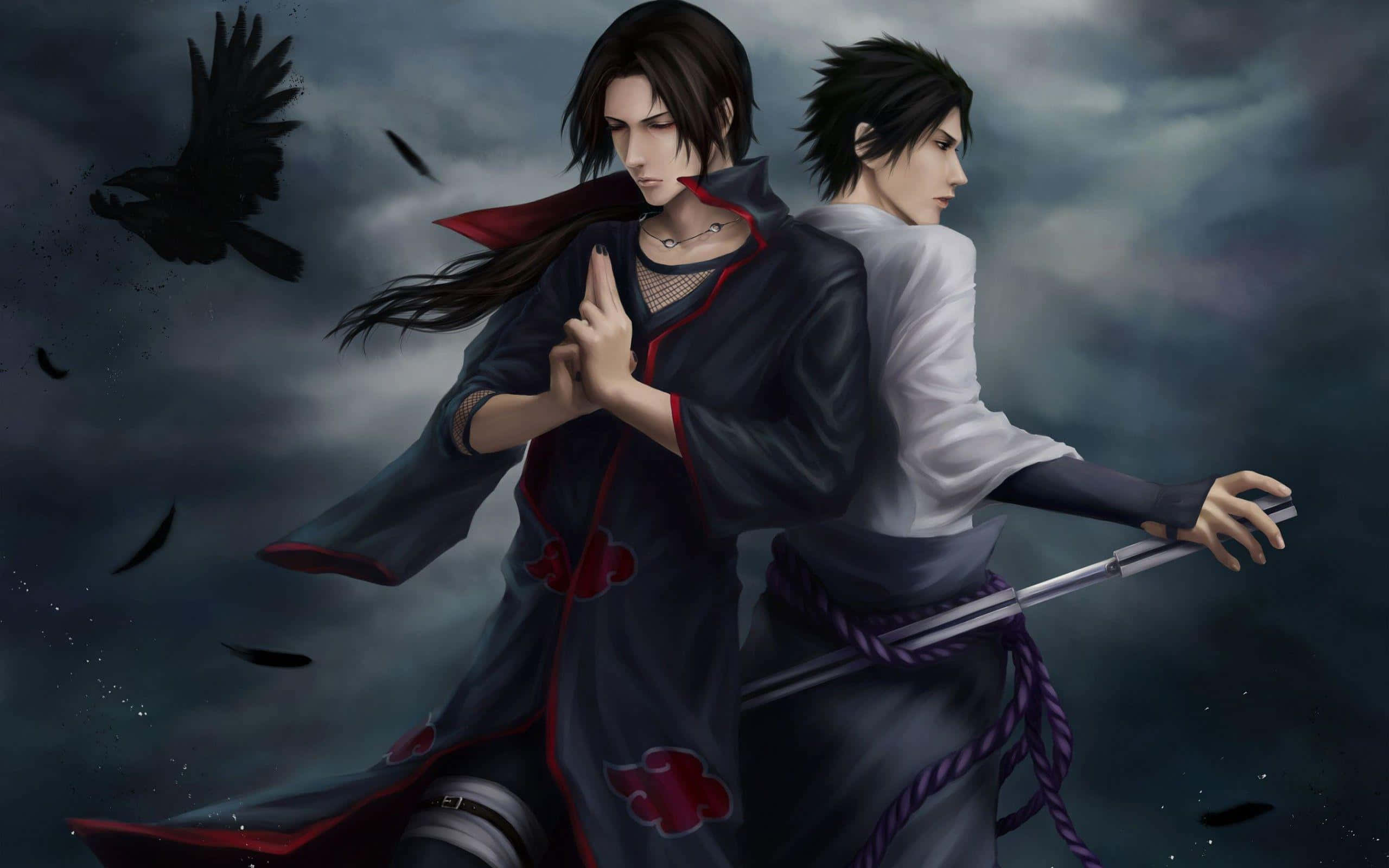 dalawang anime character na nakatayo sa dilim na may mga espada Wallpaper