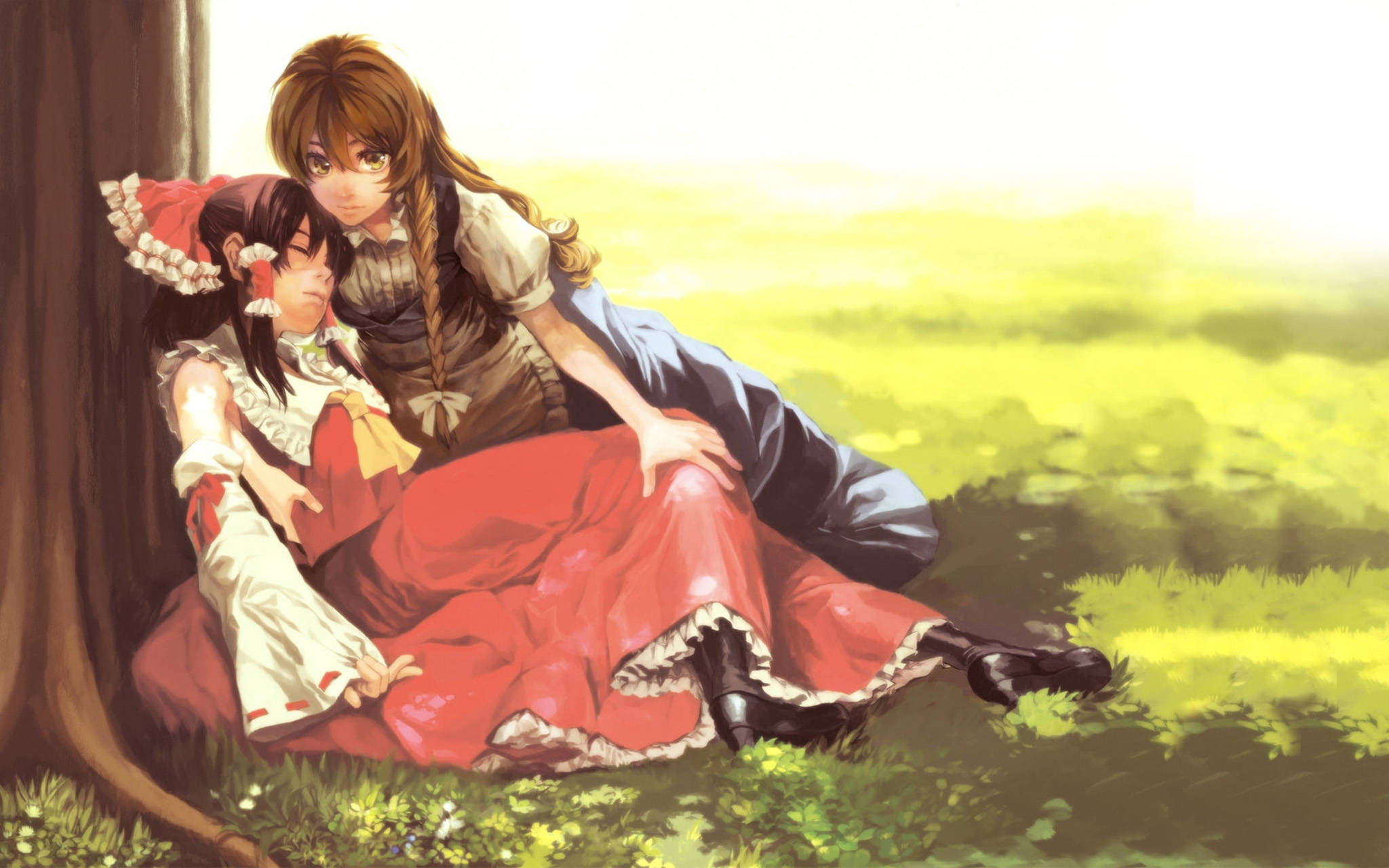 Dalawang Anime Character, Sina Reimu at Marisa sa Isang Taos-pusong Yakap Wallpaper