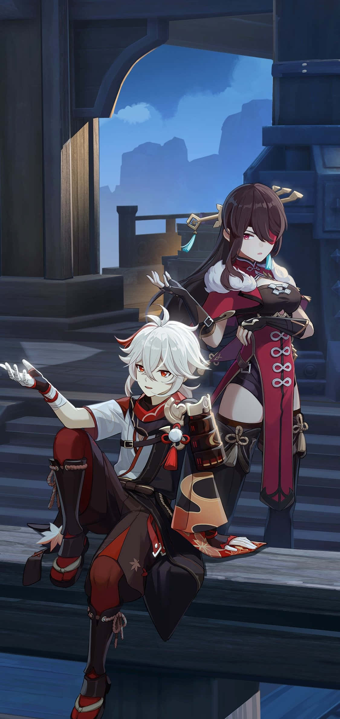 dalawang anime characters na nakaupo sa isang ledge Wallpaper