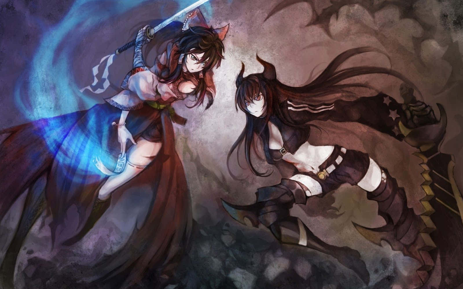 dalawang anime na babae na may mga espada sa background Wallpaper