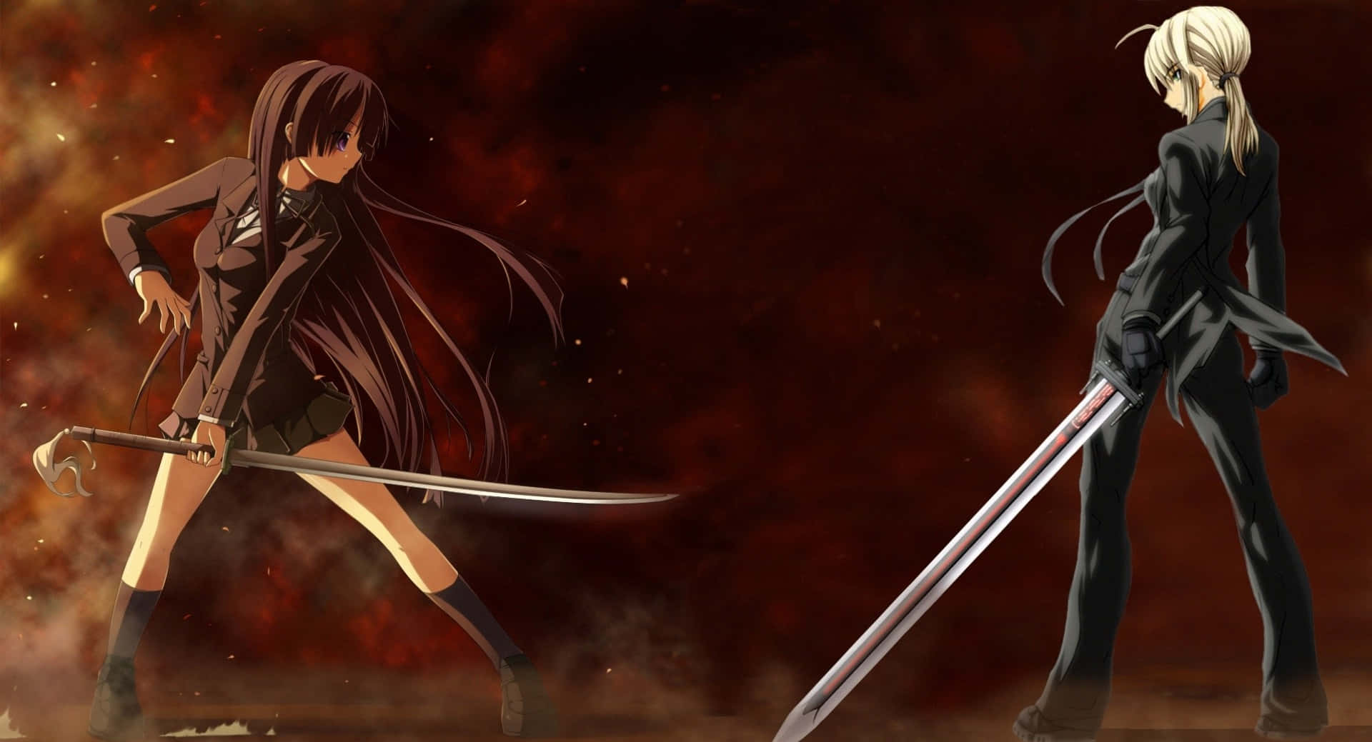 dalawang anime na babae na may mga espada sa harap ng apoy Wallpaper