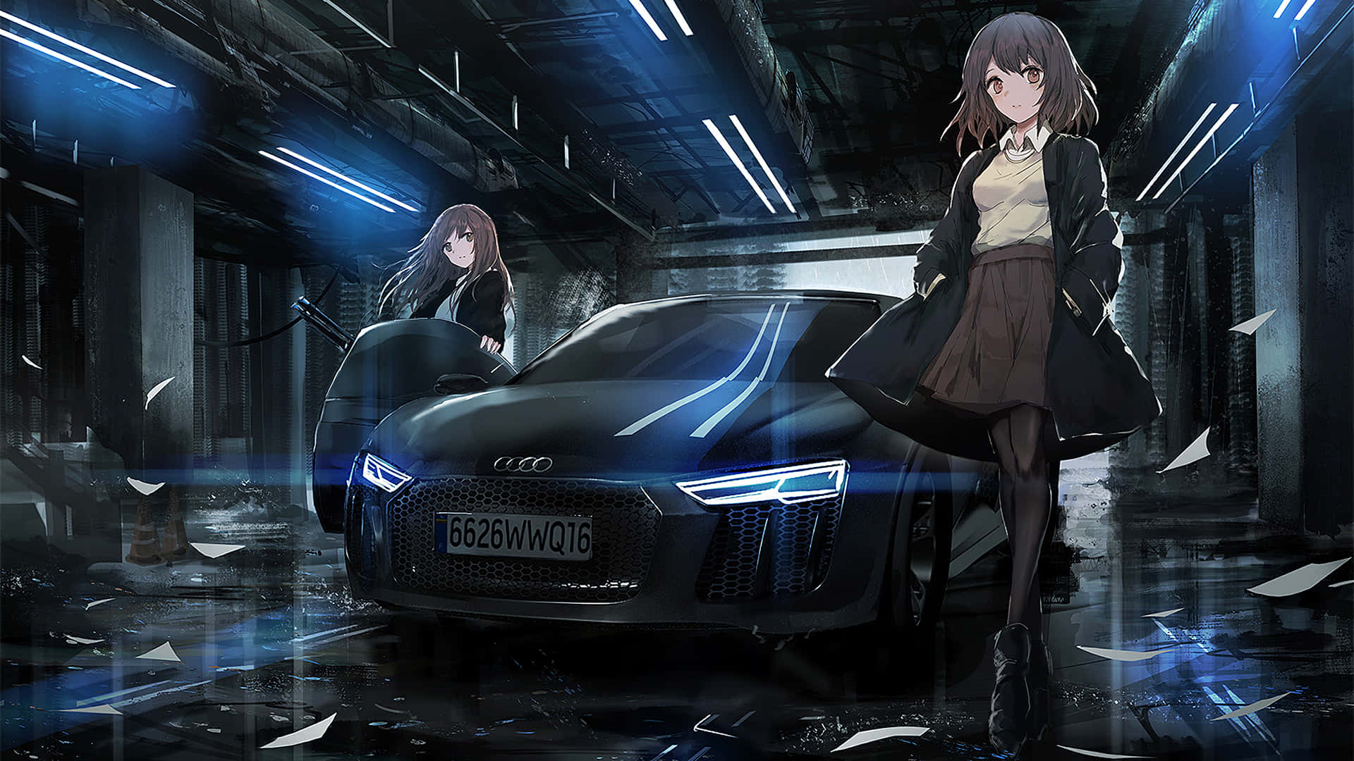 dalawang anime na babae na nakatayo sa tabi ng isang kotse Wallpaper