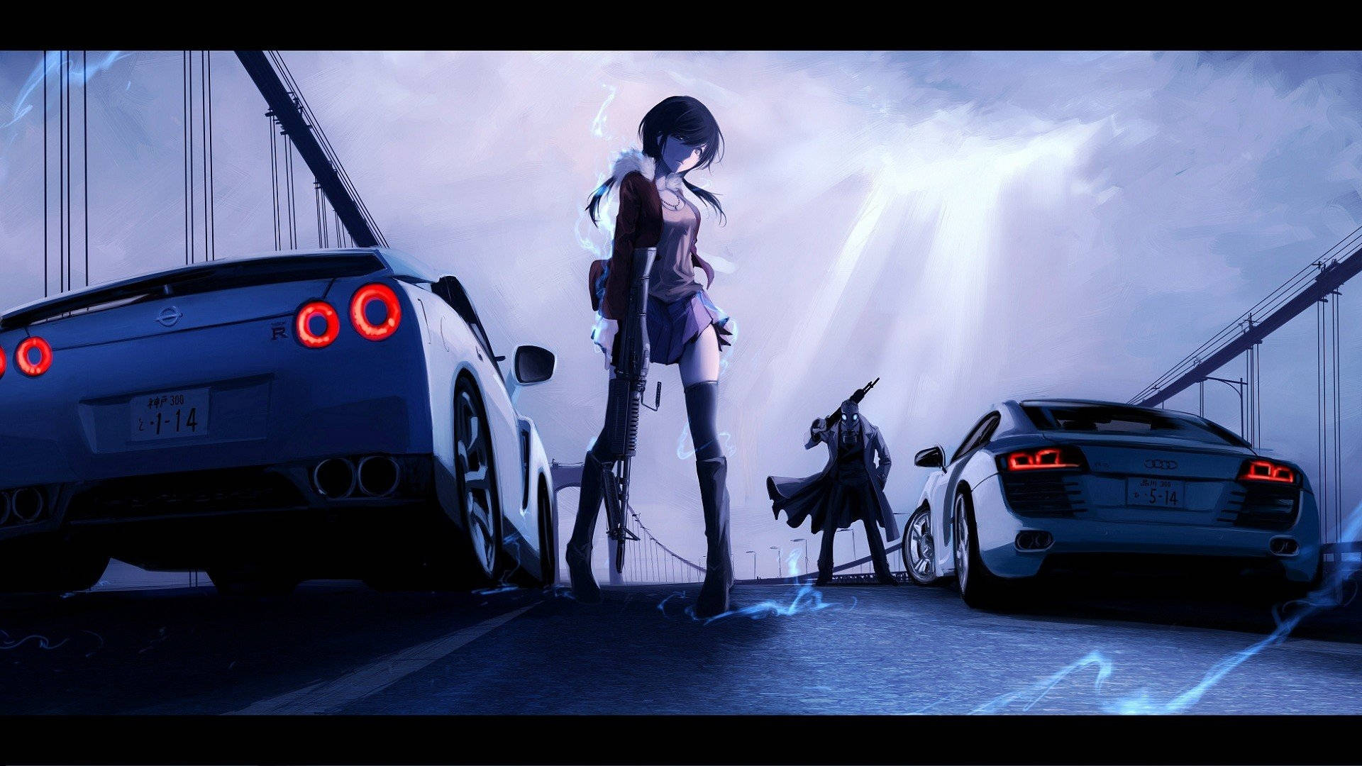 Dalawang Anime na Kotse sa Tulay Wallpaper