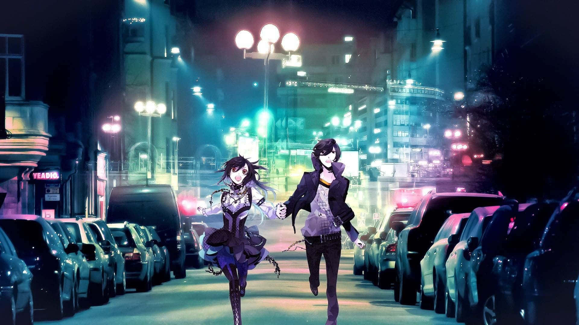 dalawang babaeng anime na naglalakad sa kalye sa gabi Wallpaper