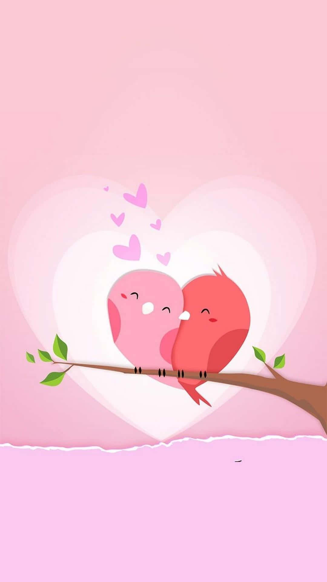 dalawang ibon na nakaupo sa isang sanga na may mga puso dito Wallpaper
